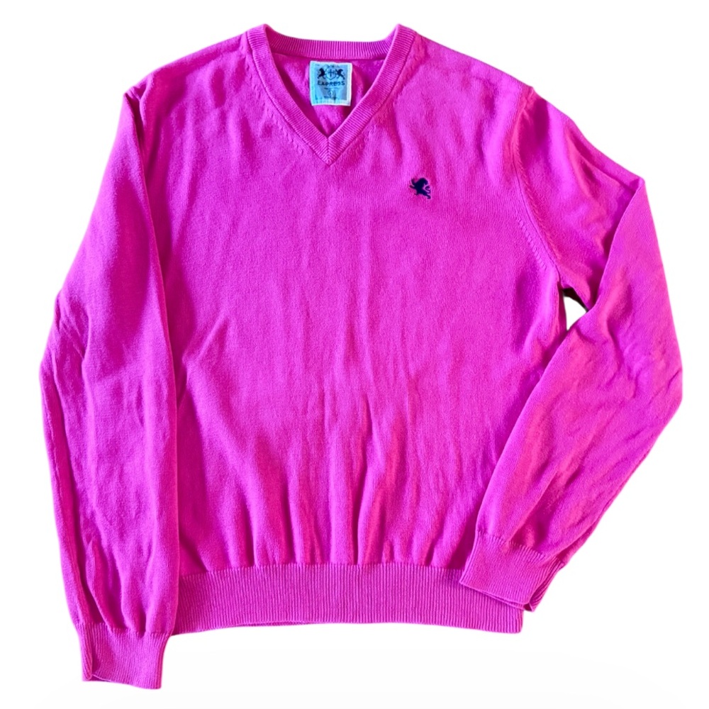 Express Men Cotton V-Neck Pink Sweater Large Golf Preppy October Pullover